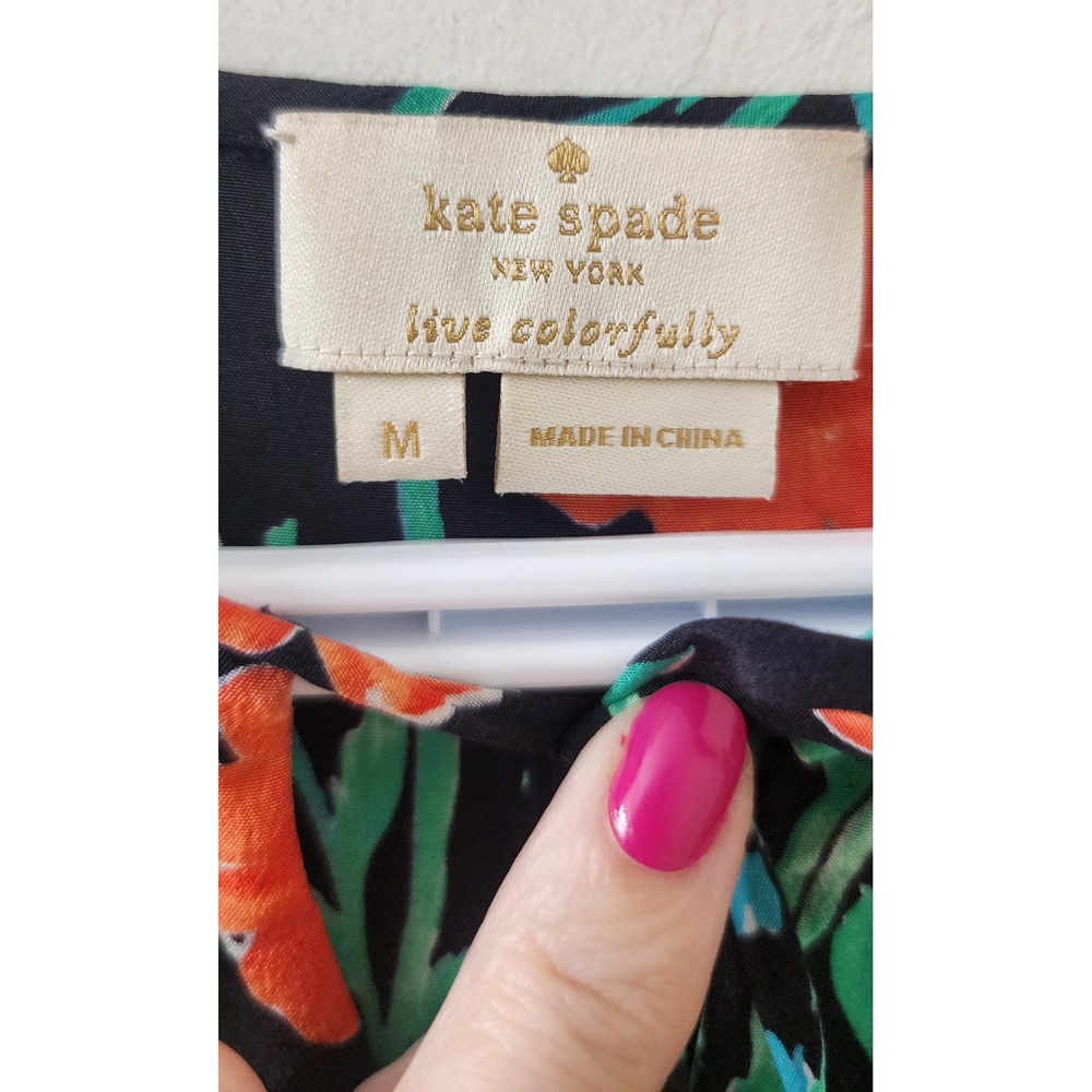 Kate Spade Silk Floral Bird Blouse Black Crochet Trim NJMU7761 Womens Medium - Picture 5 of 12